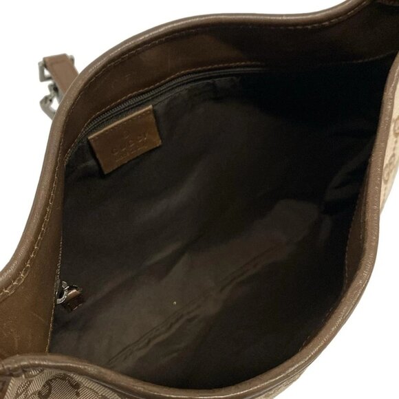 Auth GUCCI - 14057 Dark Brown Beige Jacquard Leather Handbag - Picture 6 of 16